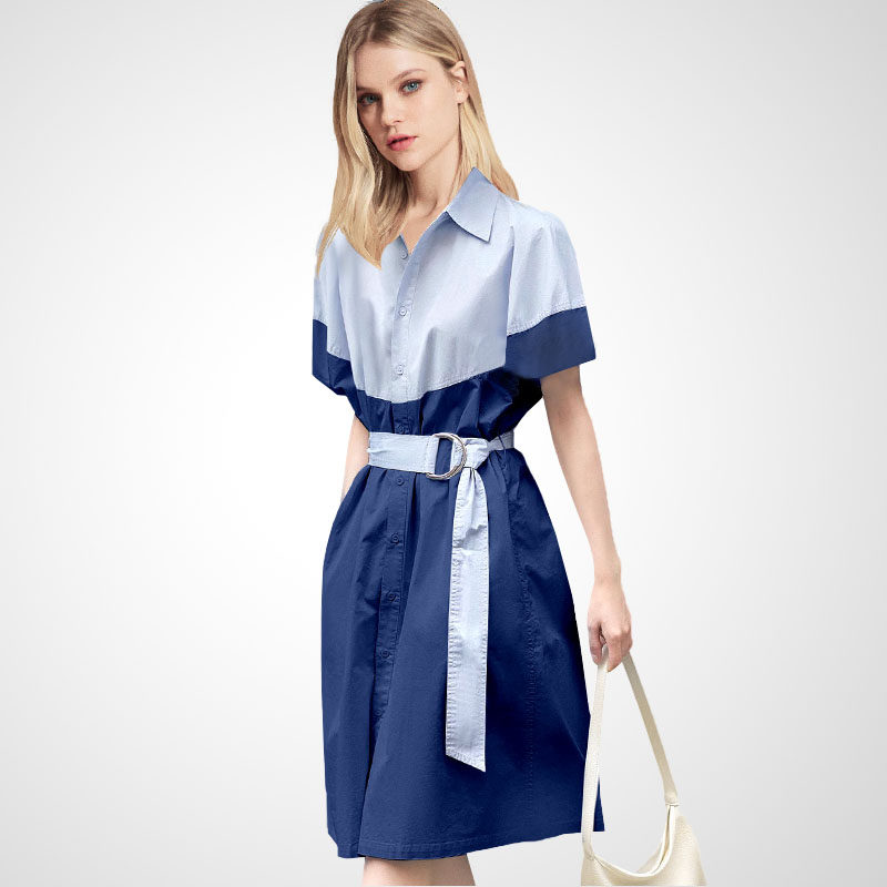 法式翻领别致撞色连衣裙女2026年夏装新款复古港味直筒洋气衬衫裙