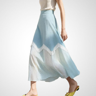 兰卡时尚绝美蓝色流苏拼接A字半身裙女春夏中长裙多巴胺海边裙子