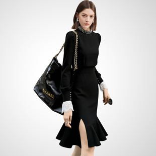 兰卡时尚千金风黑色蕾丝拼接连衣裙女收腰开叉高级感法式小黑裙