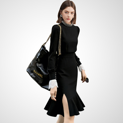 法式千金风黑色蕾丝小黑裙