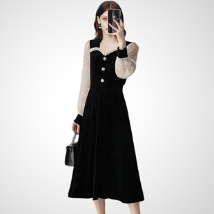 兰卡时尚法式赫本风黑色金丝绒连衣裙女春款长袖收腰显瘦A字裙