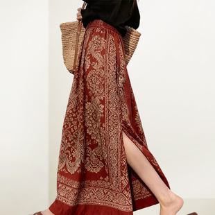 兰卡时尚 民族风红色印花半身裙女2026春长裙后开叉波西米亚风半裙