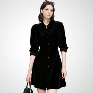 兰卡时尚衬衫领收腰显瘦气质小黑裙2026春季新款黑色丝绒连衣裙女