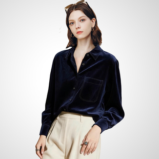 兰卡时尚轻奢藏蓝色翻领衬衫女2026春款宽松垂感气质通勤高级上衣