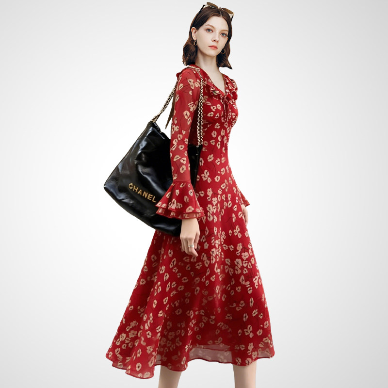 兰卡时尚法式V领红色碎花连衣裙女长袖收腰显瘦高级感复古长裙