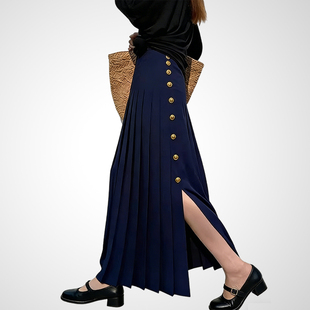 兰卡时尚藏青色高腰百褶半身裙女2026年春侧排扣开叉复古气质长裙