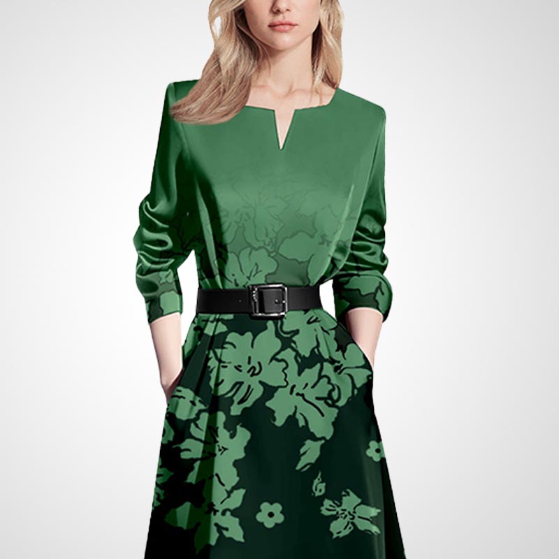 V领优雅印花女神范连衣裙