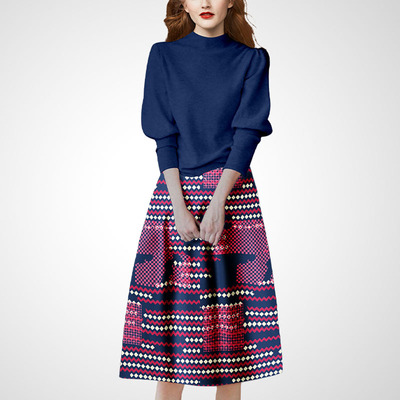 兰卡时尚法式蓝粉色套装2025秋冬新款温柔风毛衣印花半身裙两件套
