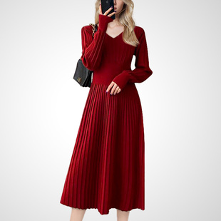 名媛气质春款连衣裙女中长款2026年新款时尚修身收腰法式针织裙子