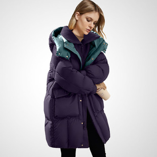 时尚洋气宽松保暖白鸭绒羽绒服女2026年冬季新款立领连帽撞色外套