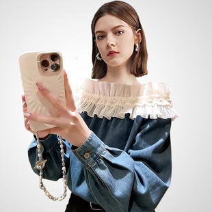 兰卡时尚设计感一字肩花边衬衫女2026春款长袖蓝色轻奢高级感上衣