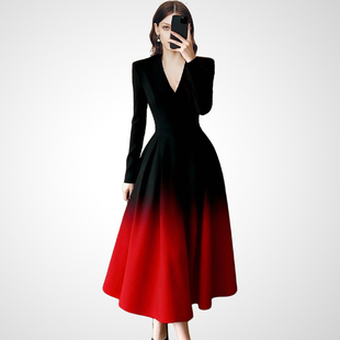 兰卡时尚黑红长袖渐变V领连衣裙女2026春款收腰显瘦长款气质裙子
