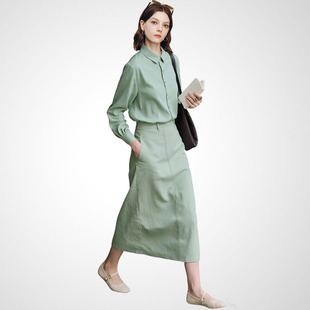 兰卡时尚绿色衬衫半身裙套装女2026春季新款通勤穿搭两件套极简风