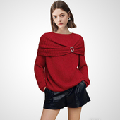 金属扣装 兰卡时尚 酒红宽松针织毛衣女2026春款 饰针织外穿显瘦上衣