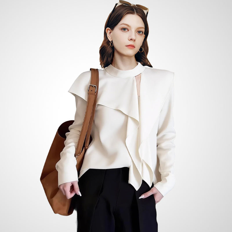 兰卡时尚法式设计感白色荷叶边不对称长袖衬衫女轻熟优雅风上衣