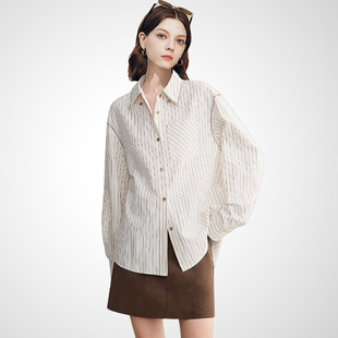 兰卡时尚高级感米白条纹衬衫2026春款宽松垂感灯笼袖职场百搭衬衣