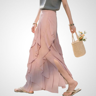 兰卡时尚 甜美淑女风粉色荷叶边不规则开叉半身裙女高腰显瘦蛋糕裙