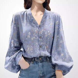 衬衫 蓝色碎花长袖 女淑女春碎花V领排扣气质减龄上衣 法式 兰卡时尚
