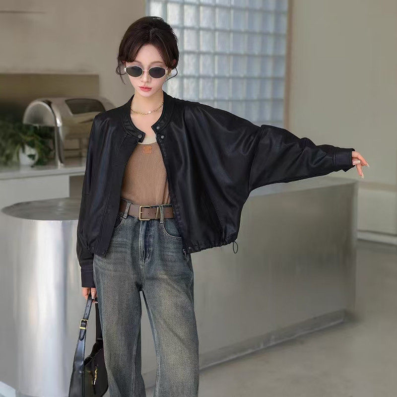 宽松立领短款小个子加绒皮衣女冬