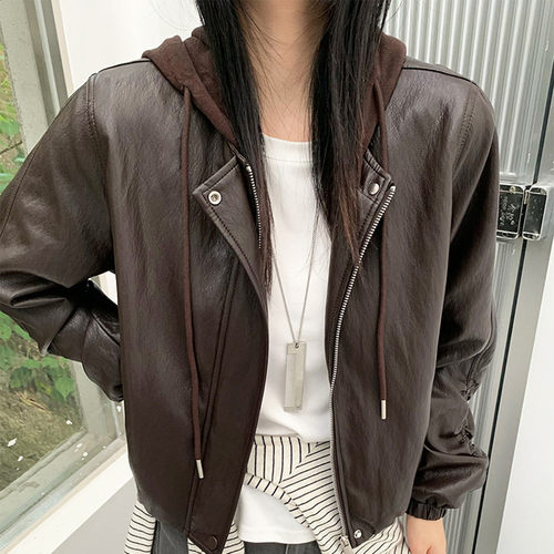 休闲连帽宽松拉链短款皮衣外套女