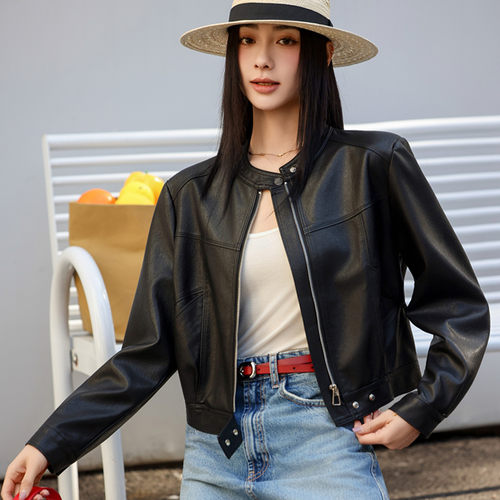 直筒修身时尚感短款立领皮衣外套