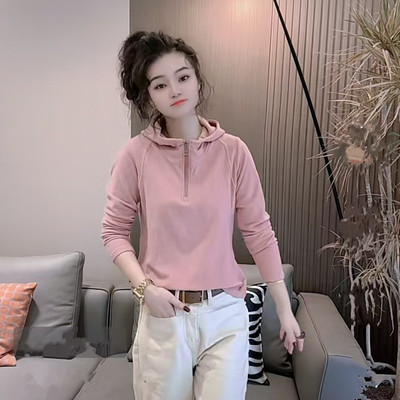 加厚宽松德绒半拉链连帽卫衣女