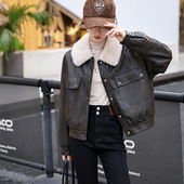 加绒皮衣外套女冬季 港风复古机车皮夹克内里獭兔毛派克服短款 上衣