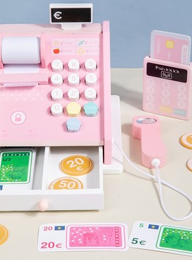 木制仿真超市购物收银机儿童数数扫码器贩卖售货收银台过家家as32