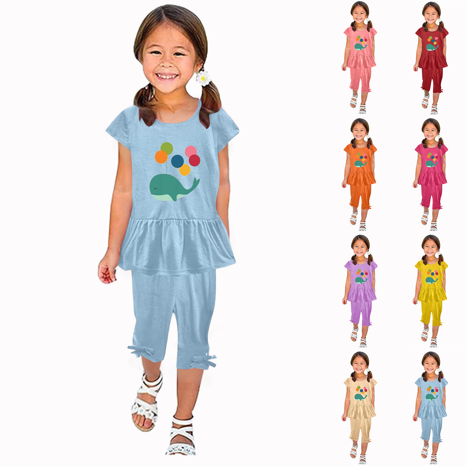 欧美跨境女童套装夏季童装气球卡通印花女童两件套七分裤童装