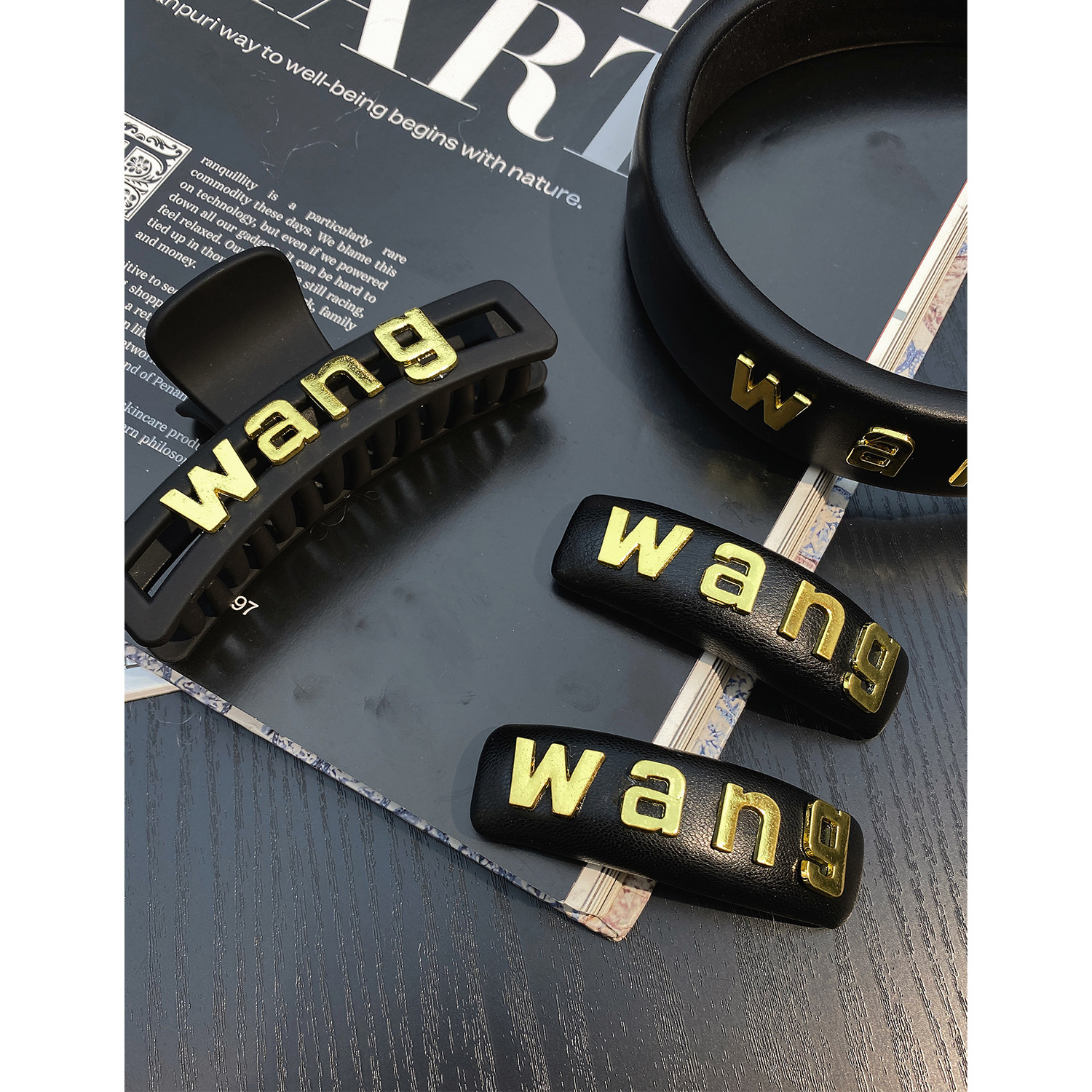 徐琳mini生活馆 wang系列黑色皮质高颅顶发箍/发夹/抓夹