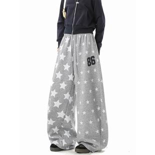宽松休闲弯刀裤 美式 jazz爵士舞运动裤 女男冬季 子 灰色星星满印卫裤