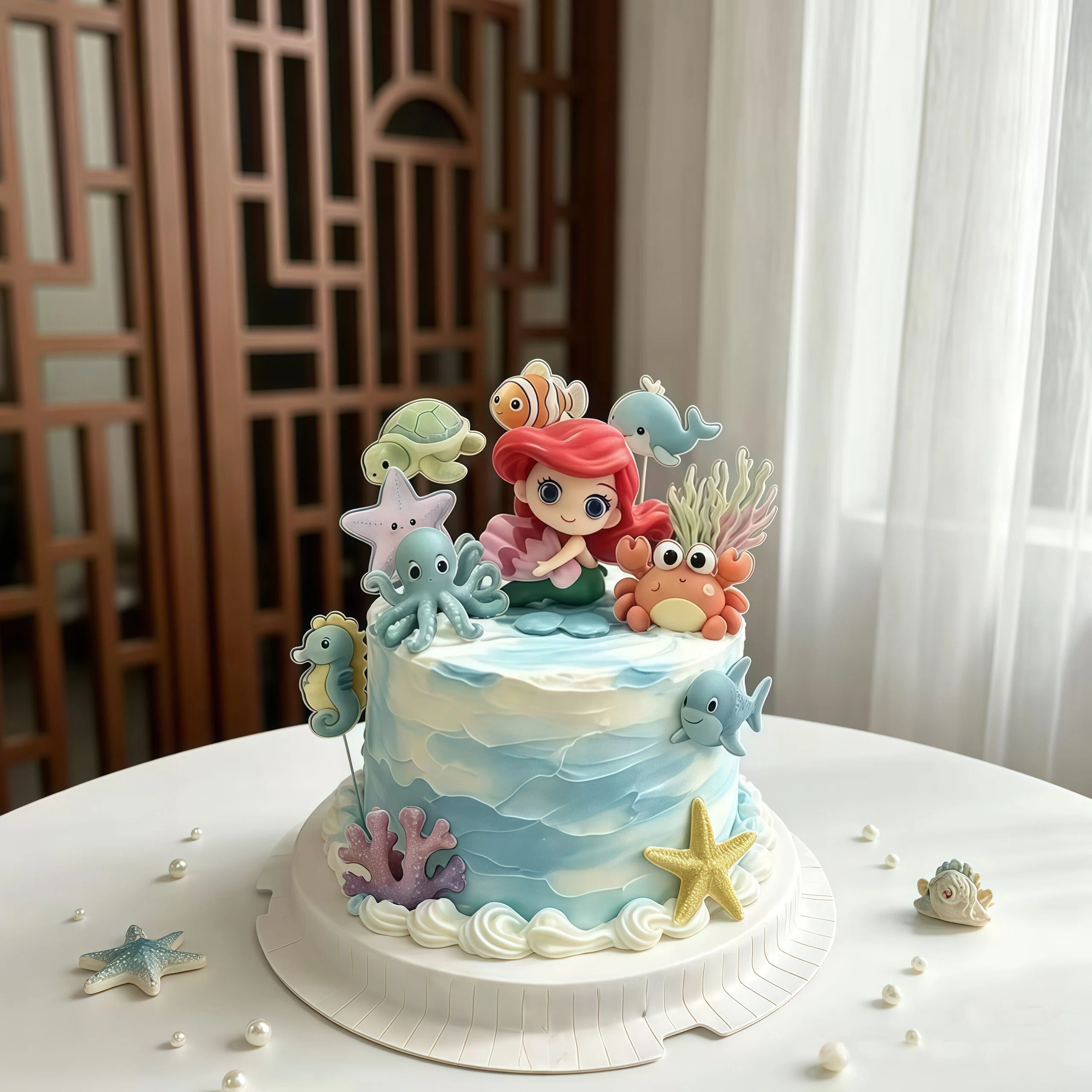 网红贝壳美人鱼主题蛋糕装饰插件海洋系列海星螃蟹海龟亚克力插件