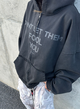 MOKU FLEET 黑色纯棉重磅美式复古做旧字母印花水洗破坏连帽卫衣