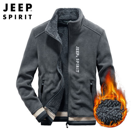 JEEP SPIRIT正品摇粒绒大码男开衫卫衣加绒加厚休闲抓绒衣外套男