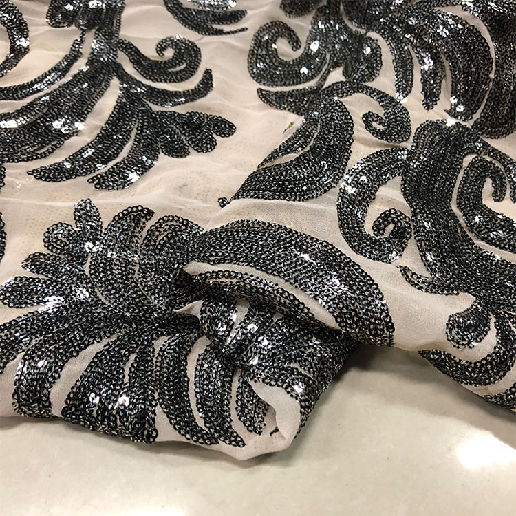 意大利高级定制时装亮片面料雪纺底手工diy礼服服装刺绣进口布料