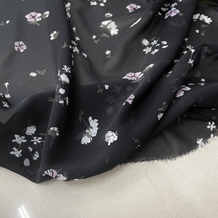 韩国黑色雪纺印小碎花面料仿真丝衬衫连衣裙汉服布料春夏DIY
