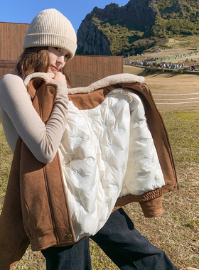 美拉德白鸭绒内胆韩系麂皮绒外套女短款羽绒服2025冬季新款厚夹克