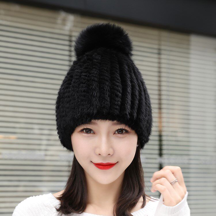 新款女貂毛编织女士狐狸毛球帽子