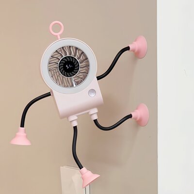 风扇创意吸盘学生上课静音带手持小型机器人电风扇桌面数显灯光