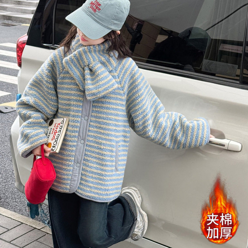 女童秋冬装围巾条纹加厚毛毛衣外套2025新款中大童韩版冬款保暖潮