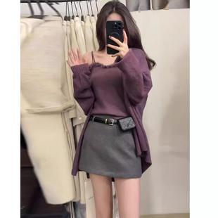 针织吊带开衫两件套秋冬新款毛衣韩版洋气宽松抹胸性感背心套装女