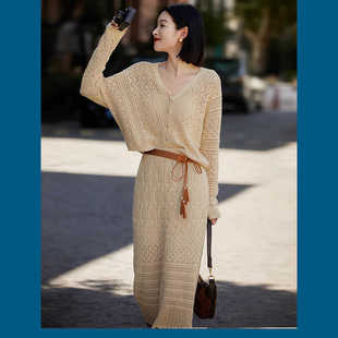 时尚温柔针织镂空套装开衫+半身裙春夏新款设计感洋气减龄2件套女