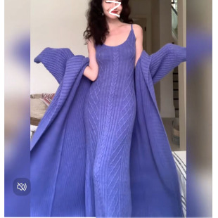 秋冬女装慵懒风针织两件套中长款开衫+连衣裙高级感显瘦毛衣开衫