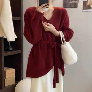 韩系设计感v领针织衫女秋冬新款系带收腰毛衣气质氛围感穿搭上衣
