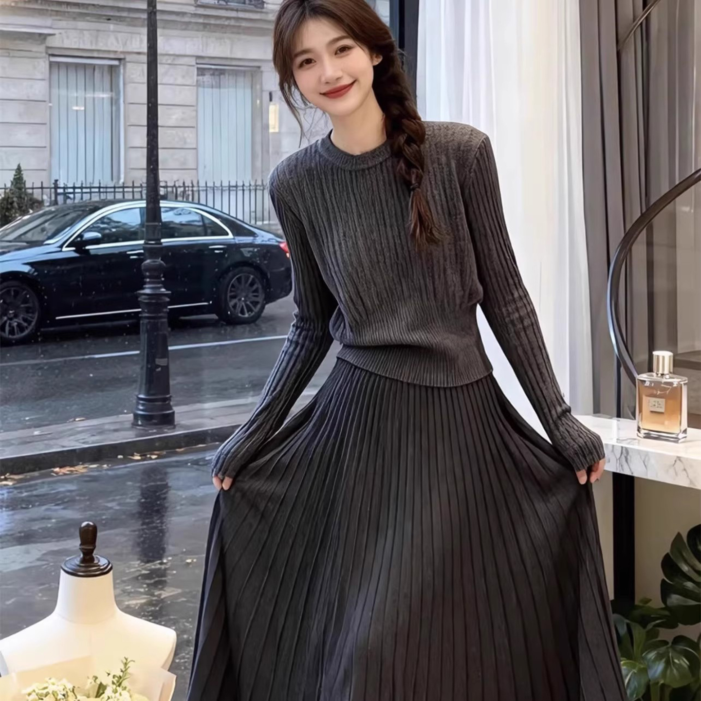 针织长裙套装女秋冬毛衣两件套