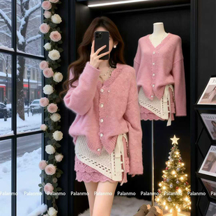 温柔风粉色针织开衫半身裙套装女求冬季新款氛围感显瘦减龄两件套