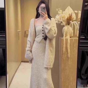 秋冬毛衣三件套抹胸背心+半身裙开衫名媛风高级感小香风软糯套装