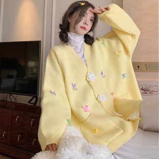 毛衣女秋冬新款 糖果色蝴蝶结V领立体花朵针织开衫 宽松慵懒风上衣