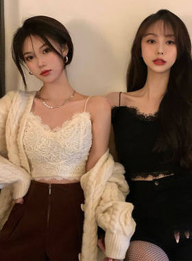 抖音文文同款蕾丝美背吊带背心女复古脑绳褶皱蕾丝美背裹胸内衣女
