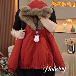 女童两面穿加绒派克服外套2025新款 加厚毛毛连帽棉服红色年服 冬季